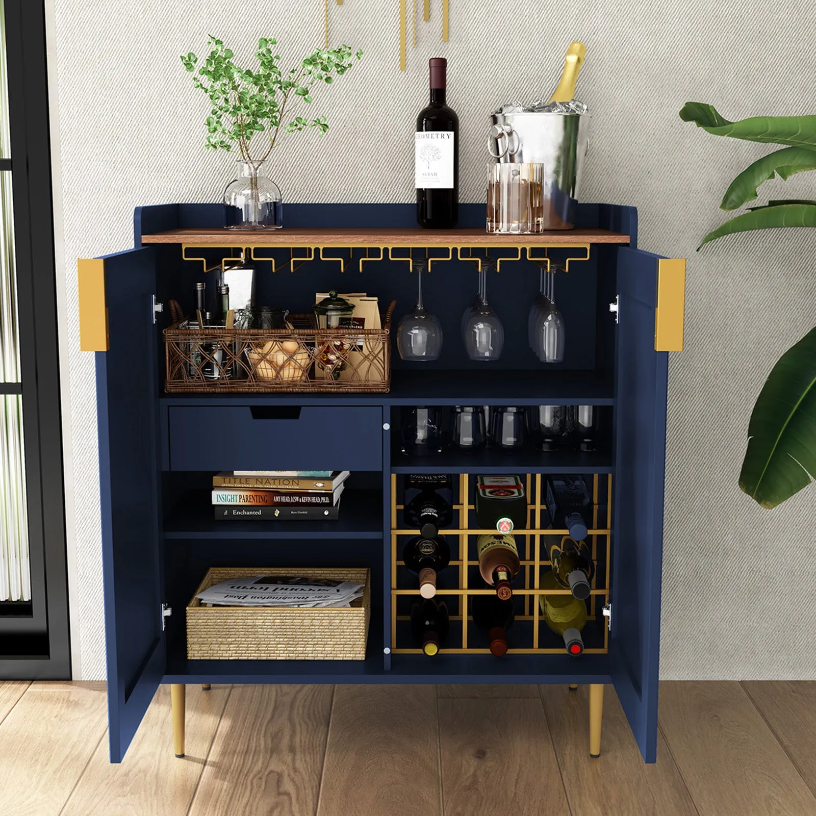 HLR Blue Fluted Modern Wine & Liquor Bar Cabinet, Coffee Station with Wine Rack, Glass Holder & Freestanding Buffet Sideboard for Dining & Living Rooms