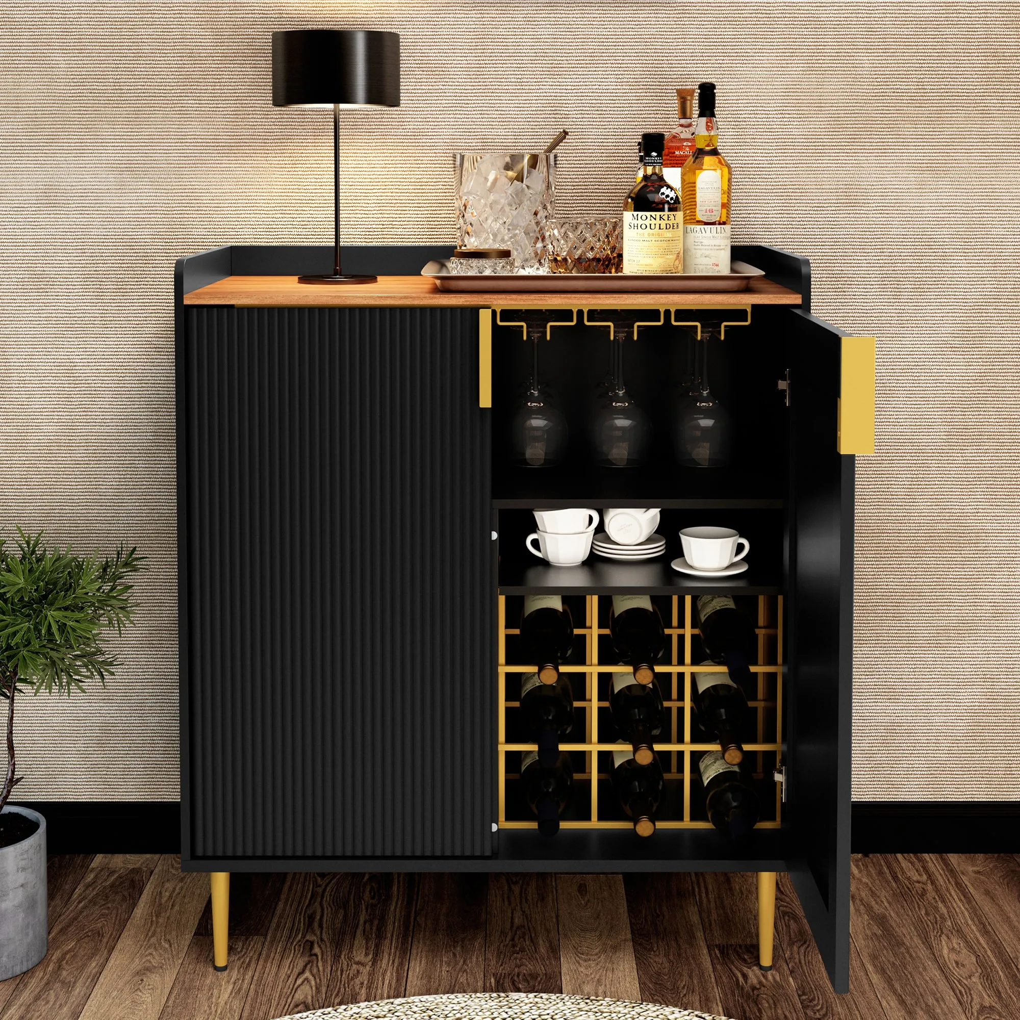 HLR Blue Fluted Modern Wine & Liquor Bar Cabinet, Coffee Station with Wine Rack, Glass Holder & Freestanding Buffet Sideboard for Dining & Living Rooms