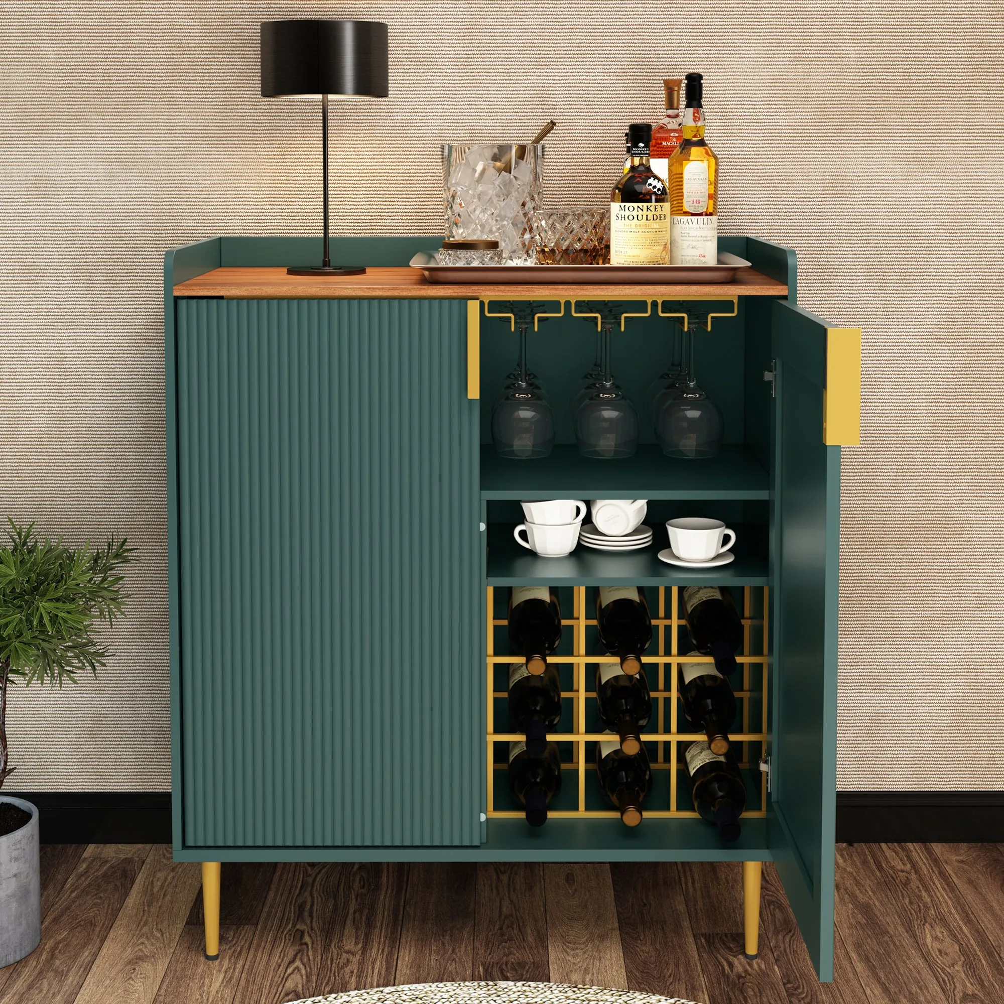 HLR Blue Fluted Modern Wine & Liquor Bar Cabinet, Coffee Station with Wine Rack, Glass Holder & Freestanding Buffet Sideboard for Dining & Living Rooms