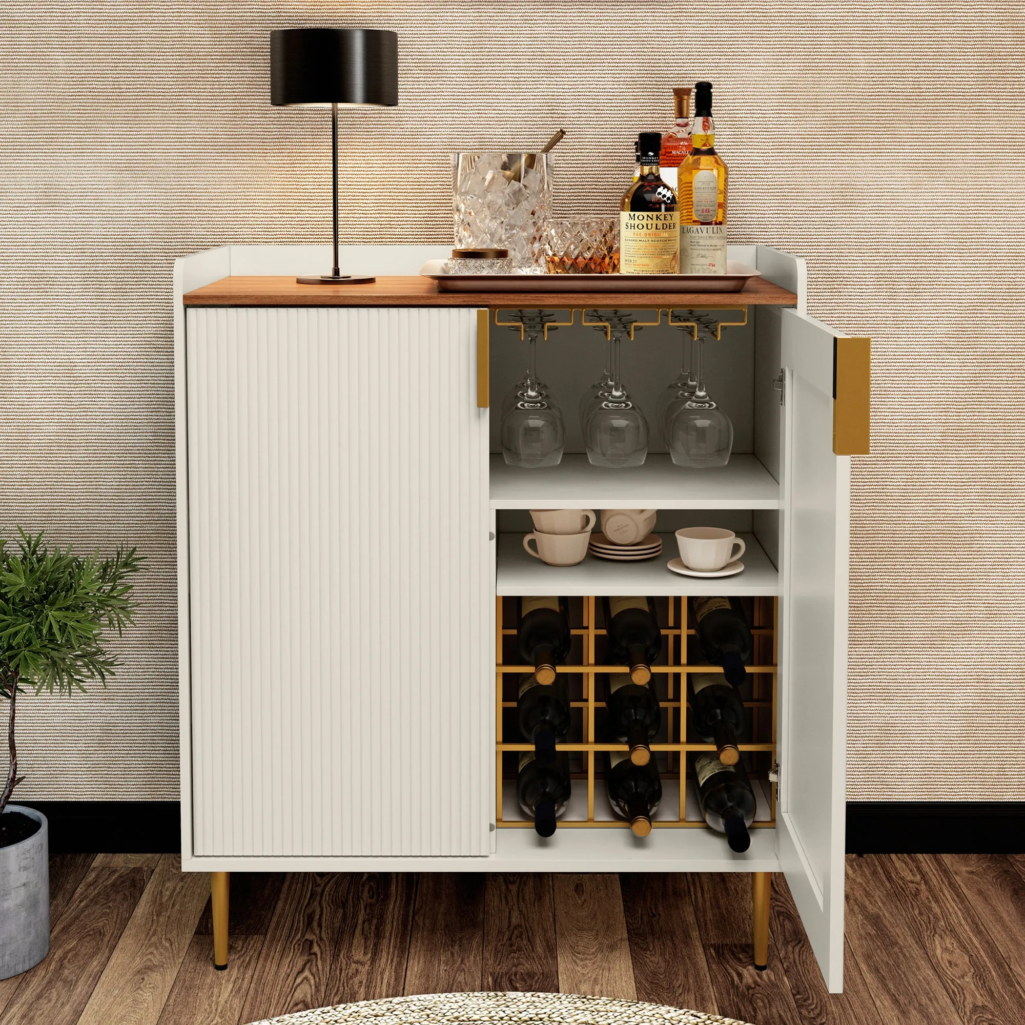 HLR Blue Fluted Modern Wine & Liquor Bar Cabinet, Coffee Station with Wine Rack, Glass Holder & Freestanding Buffet Sideboard for Dining & Living Rooms