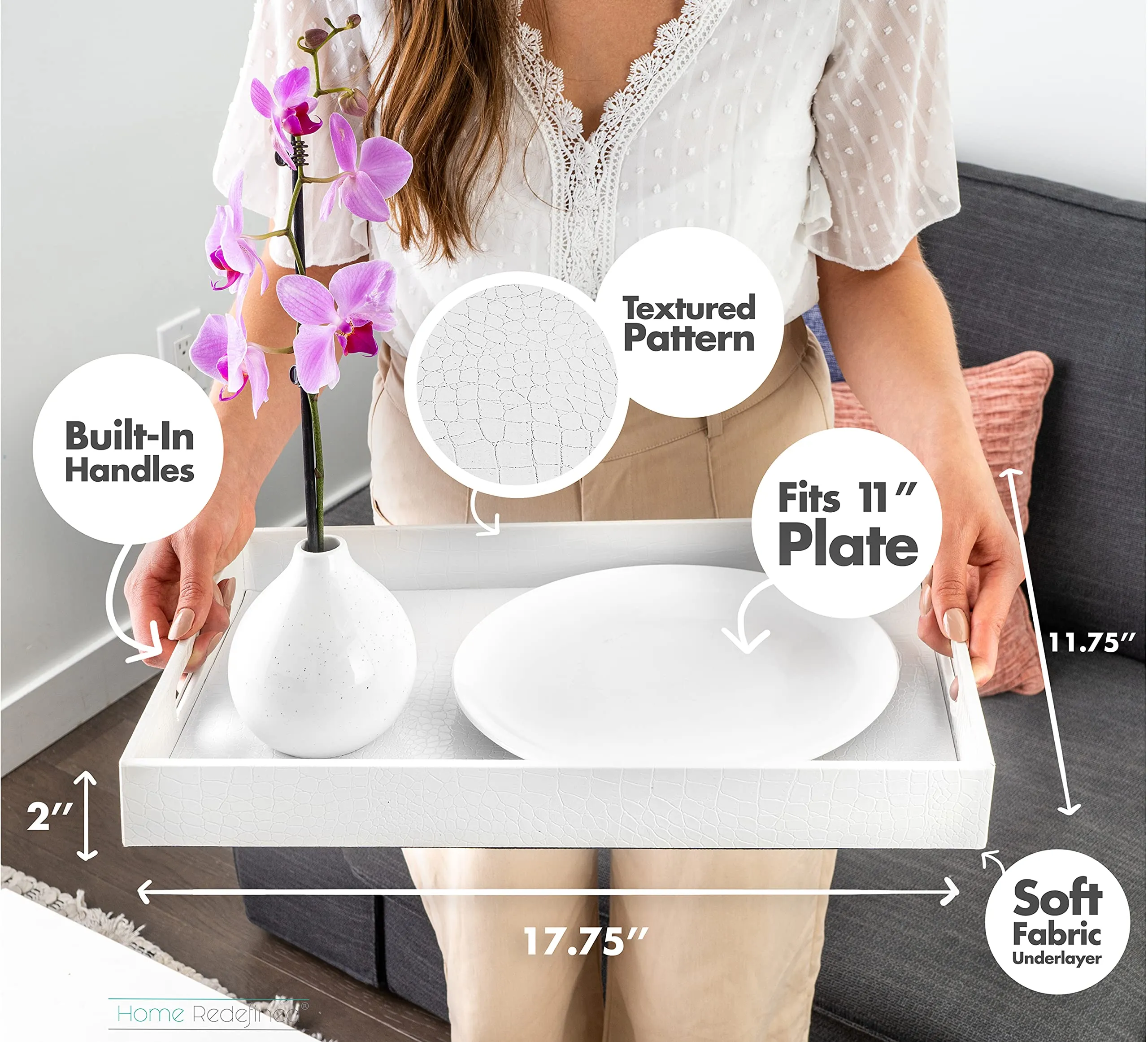 Home Redefined Beautiful Modern Elegant 18"x12" Rectangle White Alligator Croc Decorative Ottoman Coffee Table Perfume Living Room Kitchen Serving Tray with Handles for All Occasion's