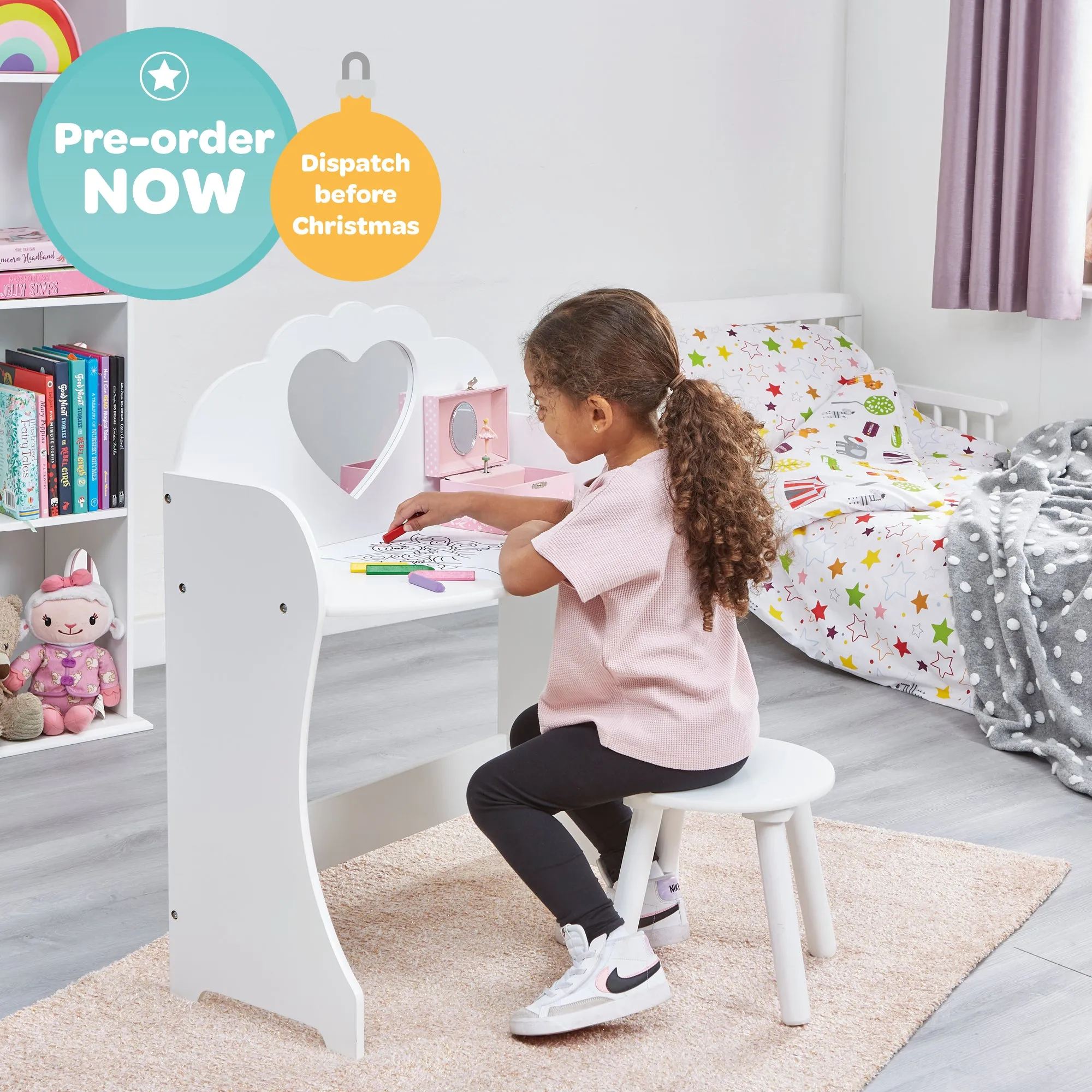 Kids White Wooden Dressing Table and Stool Set