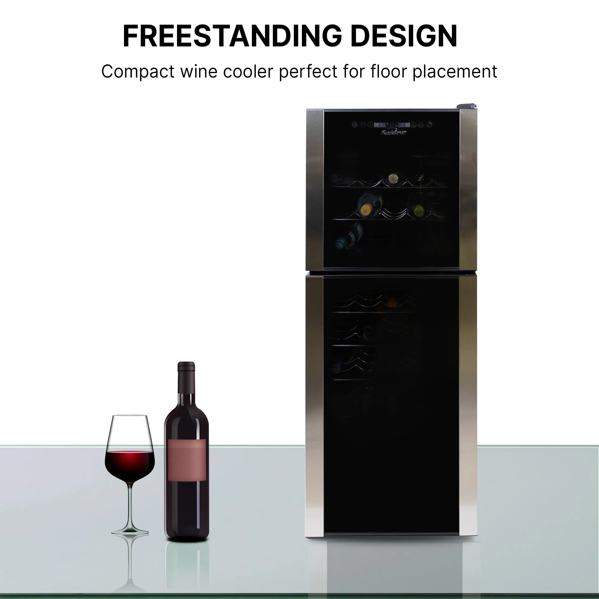 Koolatron 45 Bottle Dual Zone Wine Cooler, Black, 4.8 cu ft (136L) Compressor Wine Fridge, Freestanding Wine Cellar, Red, White, Sparkling Wine Storage in Home Bar, Kitchen, Apartment, Condo