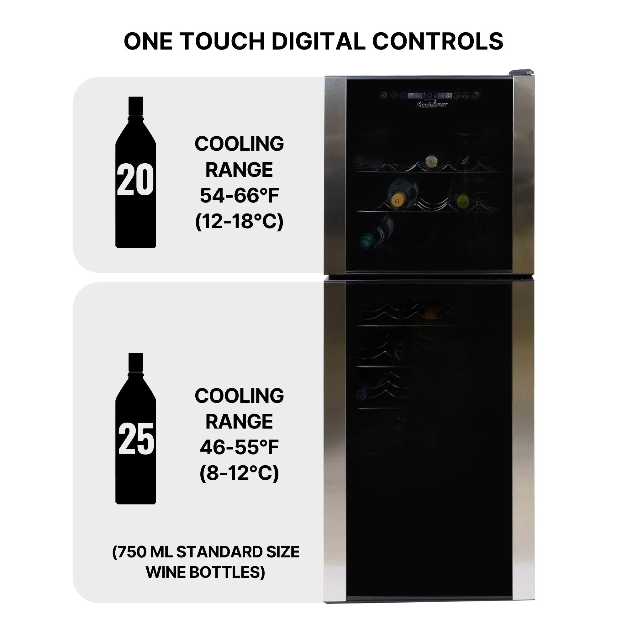 Koolatron 45 Bottle Dual Zone Wine Cooler, Black, 4.8 cu ft (136L) Compressor Wine Fridge, Freestanding Wine Cellar, Red, White, Sparkling Wine Storage in Home Bar, Kitchen, Apartment, Condo