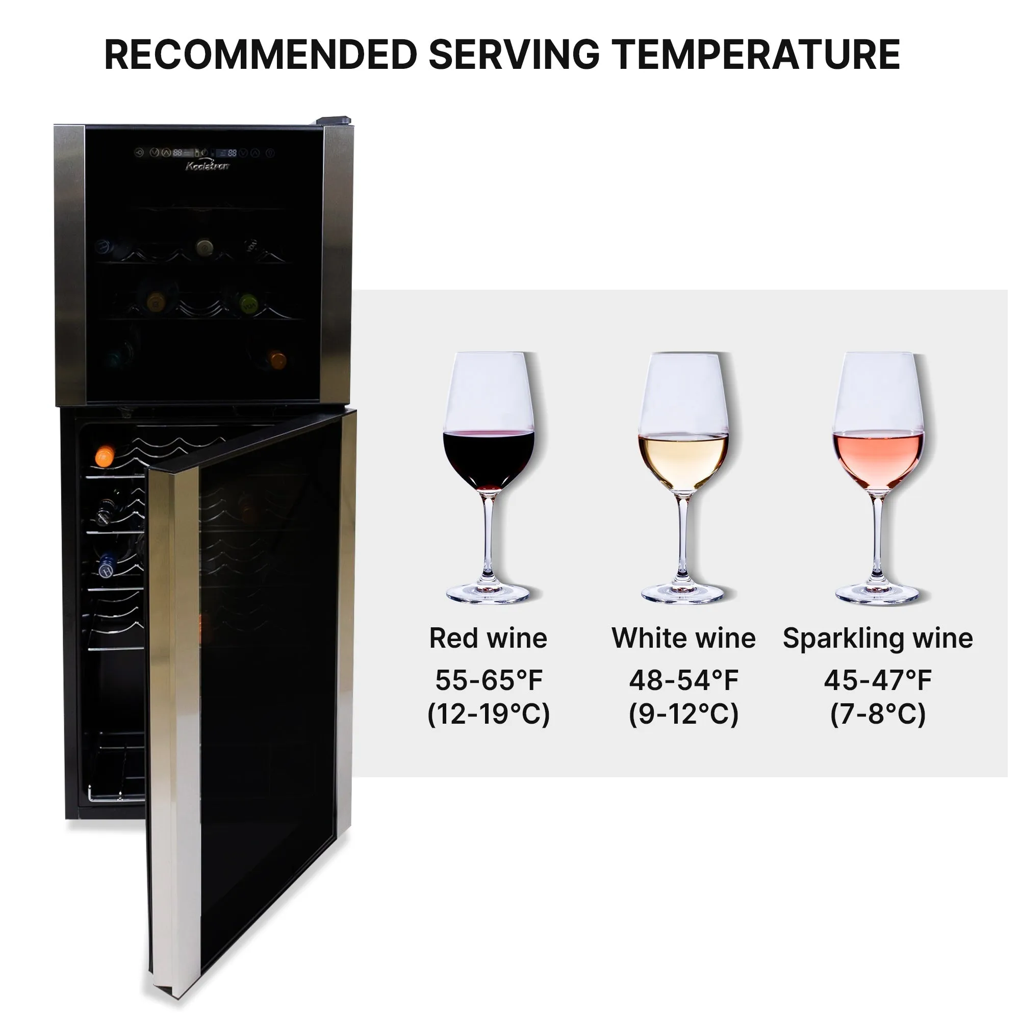 Koolatron 45 Bottle Dual Zone Wine Cooler, Black, 4.8 cu ft (136L) Compressor Wine Fridge, Freestanding Wine Cellar, Red, White, Sparkling Wine Storage in Home Bar, Kitchen, Apartment, Condo