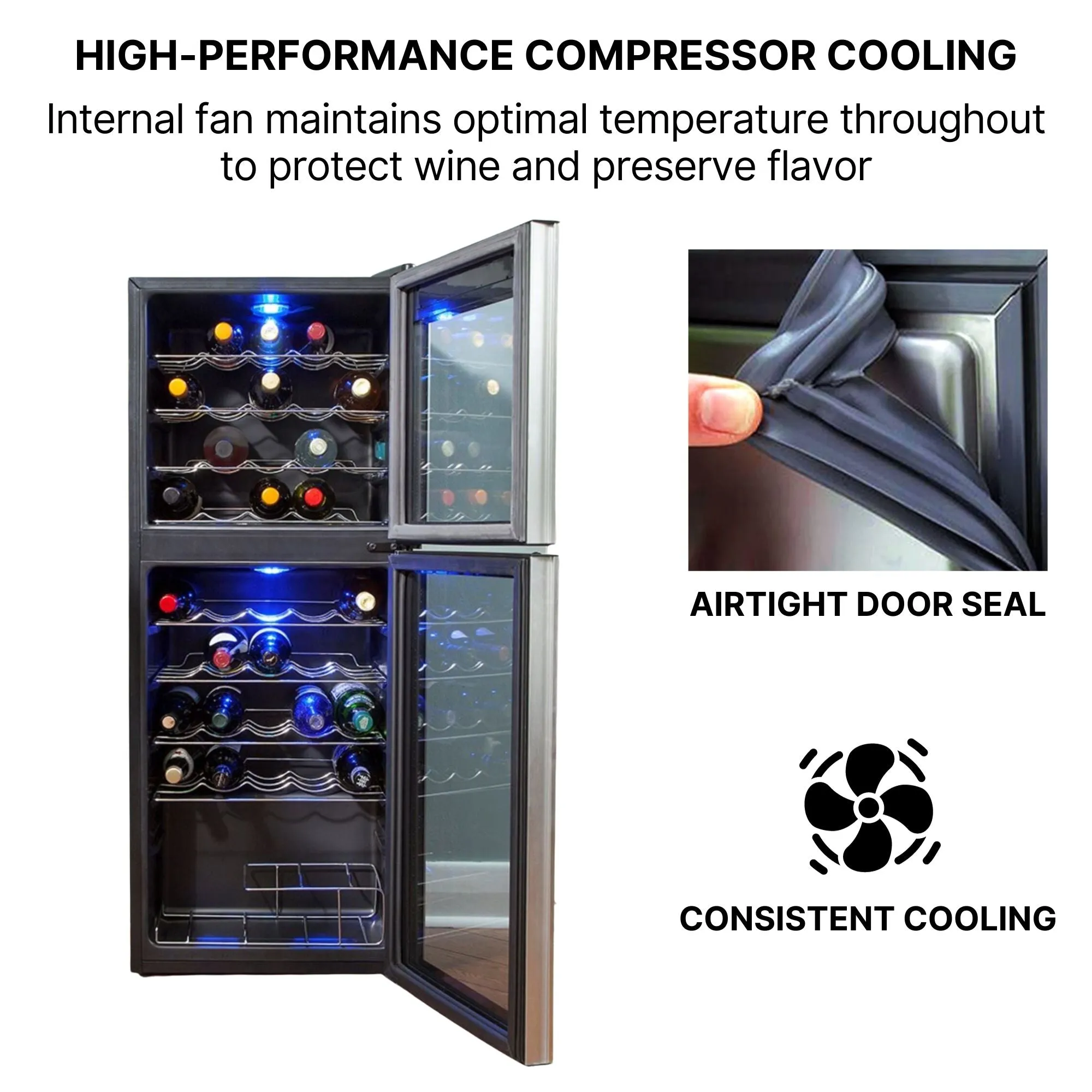 Koolatron 45 Bottle Dual Zone Wine Cooler, Black, 4.8 cu ft (136L) Compressor Wine Fridge, Freestanding Wine Cellar, Red, White, Sparkling Wine Storage in Home Bar, Kitchen, Apartment, Condo