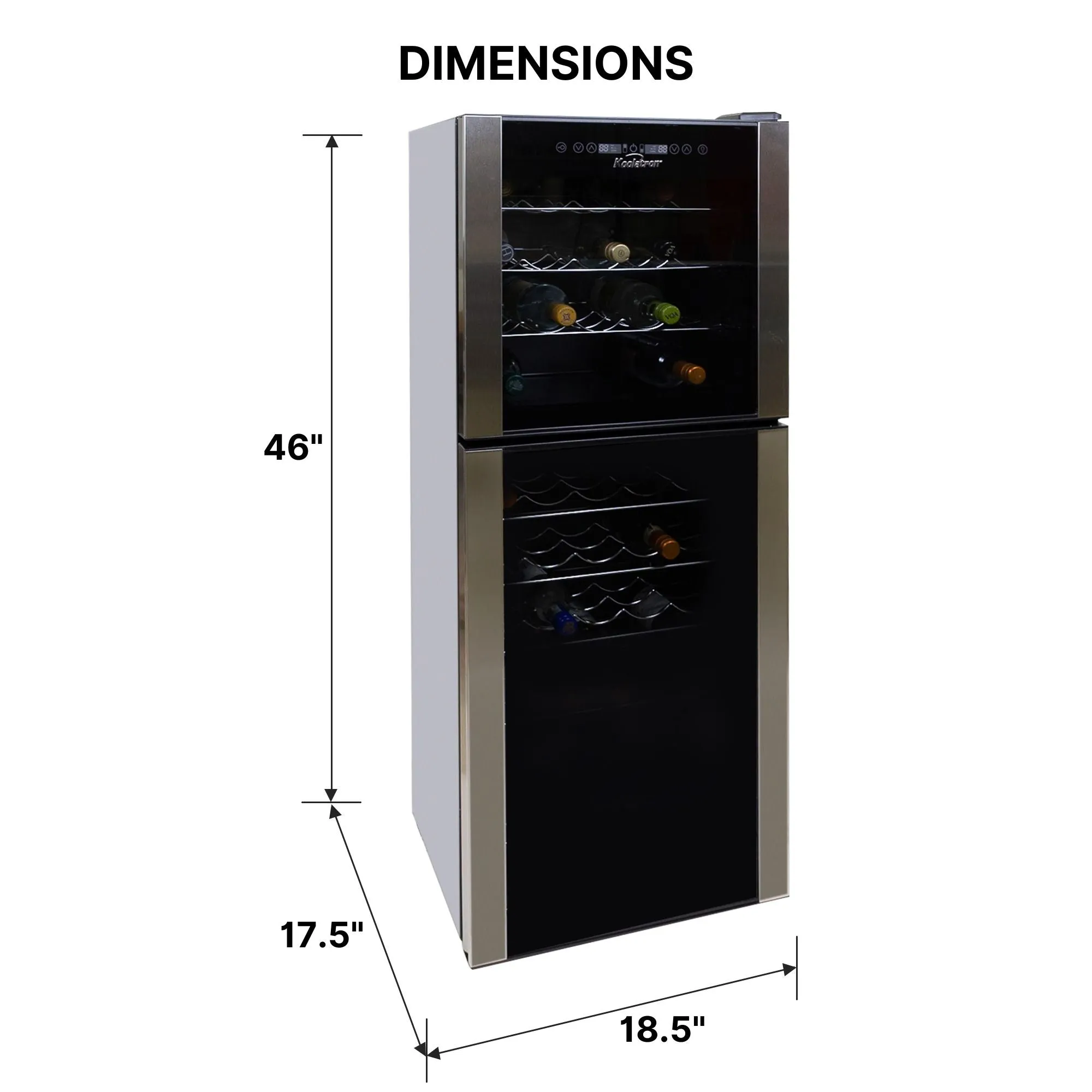Koolatron 45 Bottle Dual Zone Wine Cooler, Black, 4.8 cu ft (136L) Compressor Wine Fridge, Freestanding Wine Cellar, Red, White, Sparkling Wine Storage in Home Bar, Kitchen, Apartment, Condo