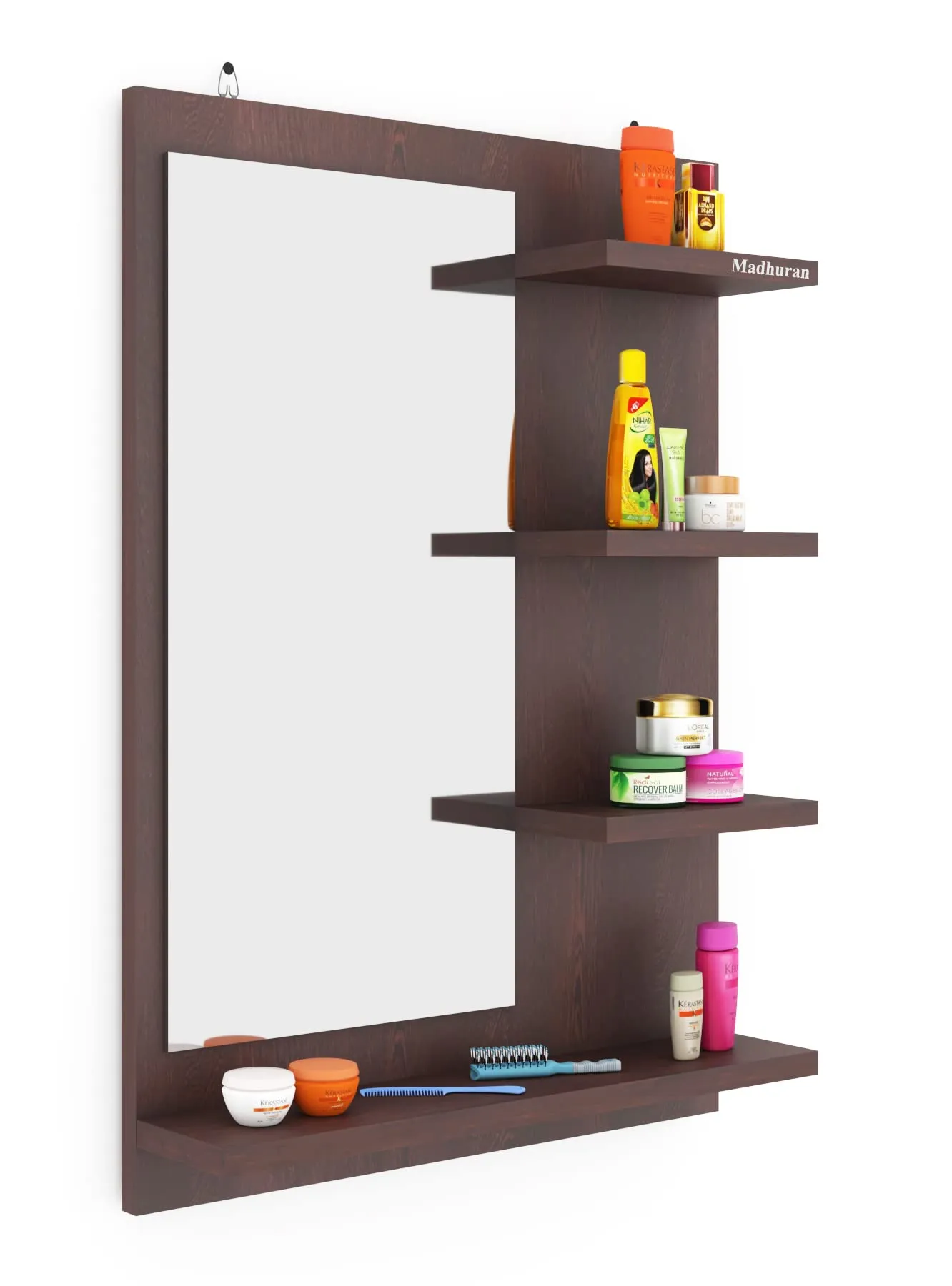Madhuran Engineered Wood Wall Mounted Dressing Tables Mirrors with Storage Shelf (Matte Wenge) Living Room Bathroom Washbasin Office Home Fancy Rectangle Organizer