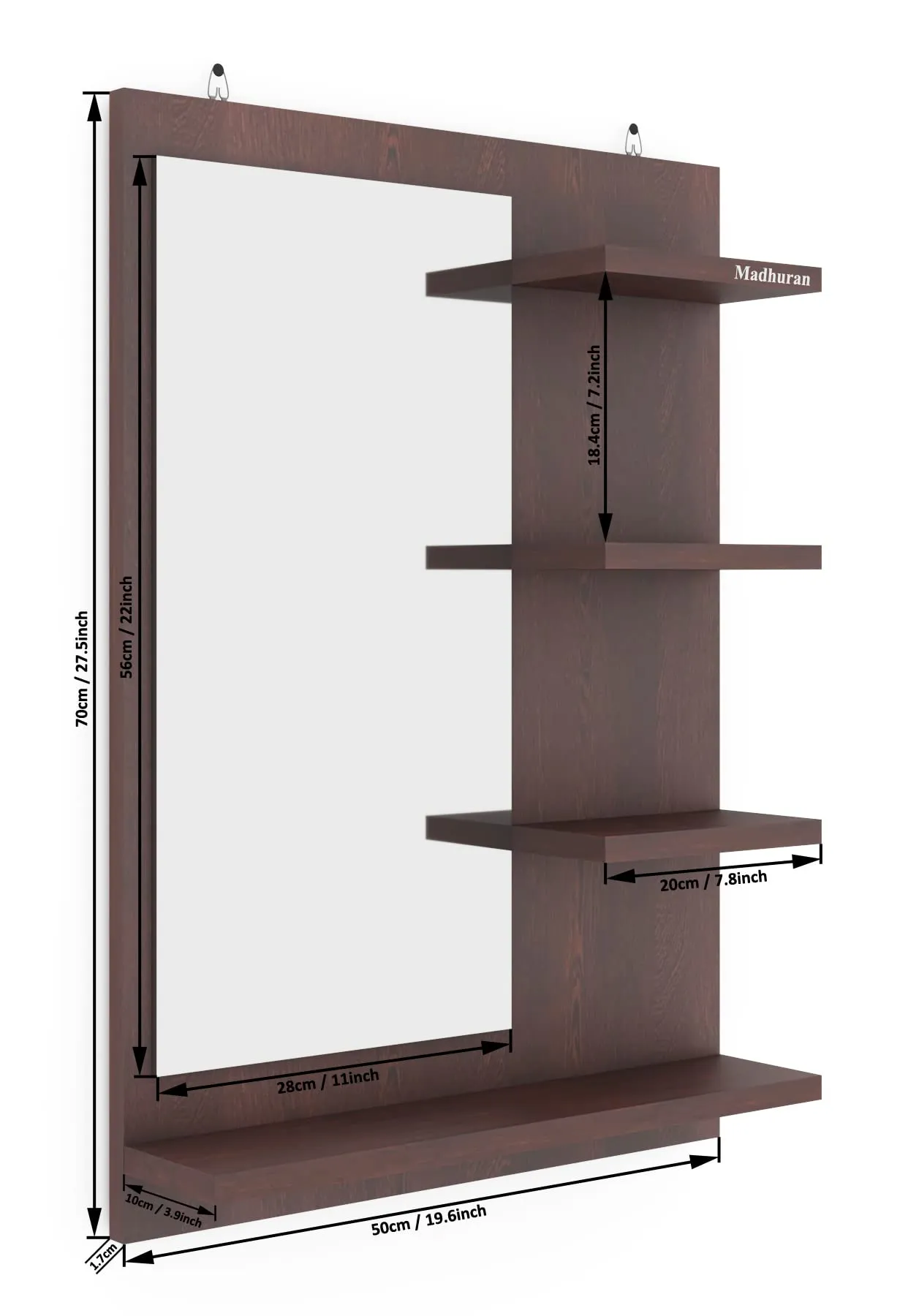 Madhuran Engineered Wood Wall Mounted Dressing Tables Mirrors with Storage Shelf (Matte Wenge) Living Room Bathroom Washbasin Office Home Fancy Rectangle Organizer