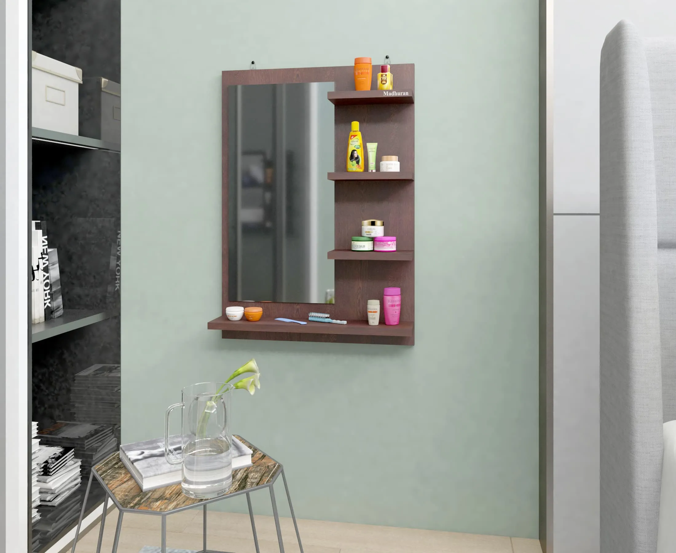 Madhuran Engineered Wood Wall Mounted Dressing Tables Mirrors with Storage Shelf (Matte Wenge) Living Room Bathroom Washbasin Office Home Fancy Rectangle Organizer
