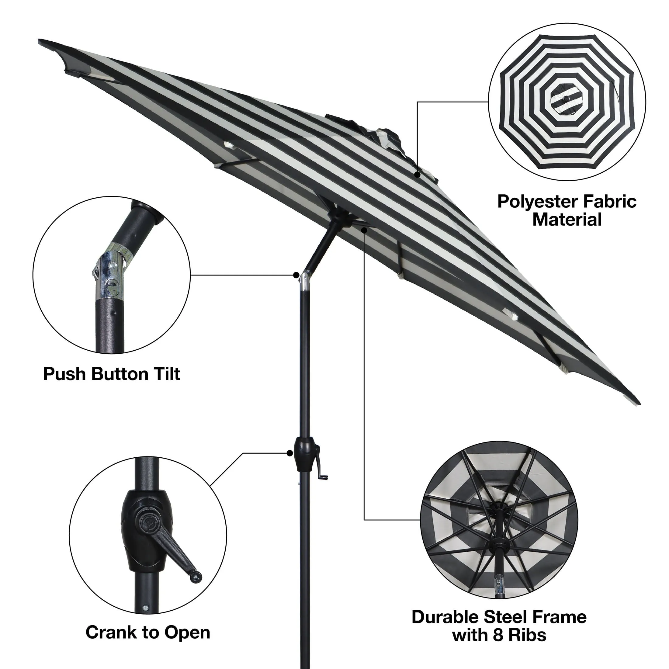 Mainstays 9ft B & W Cabana Stripe Round Outdoor Tilting Market Patio Umbrella with Crank