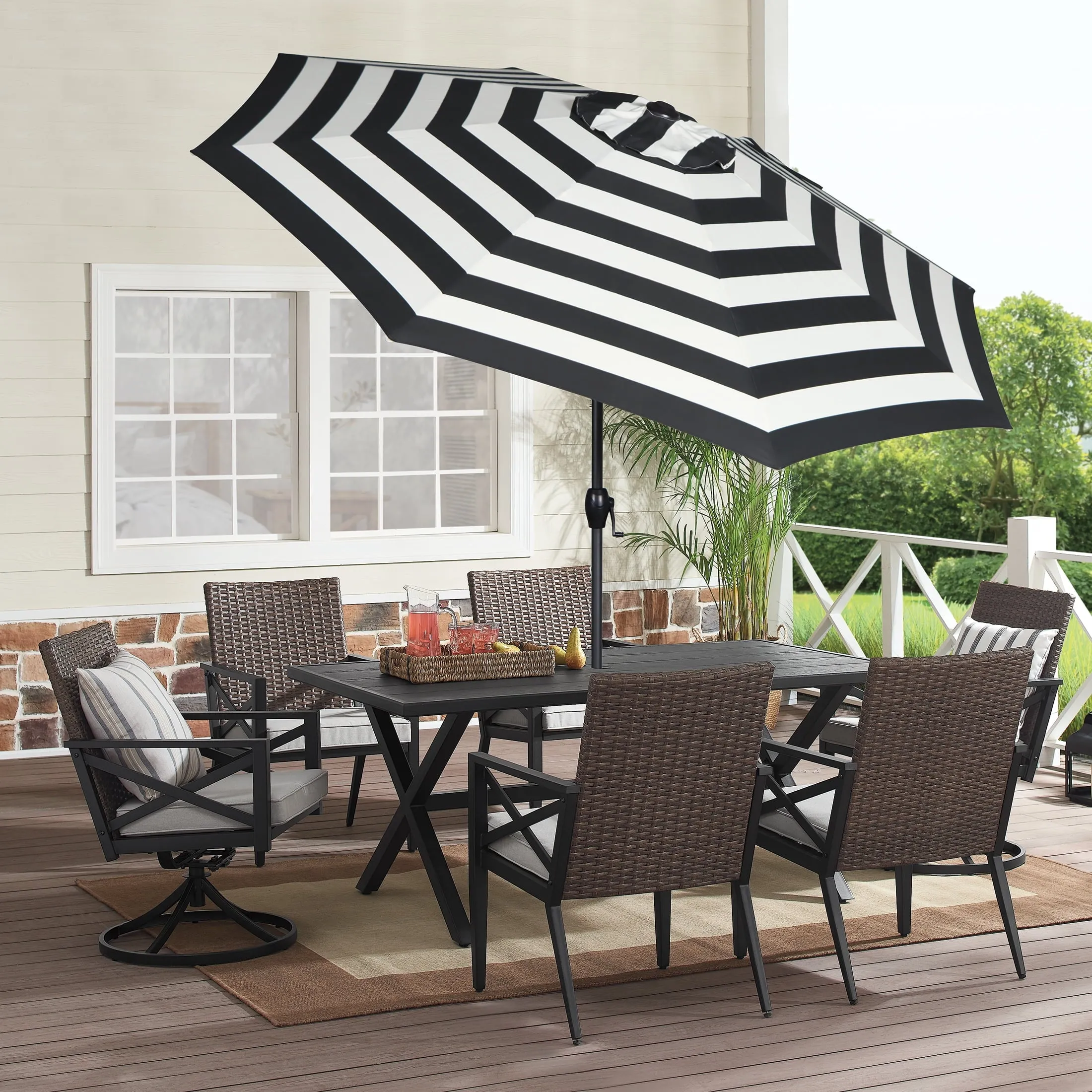 Mainstays 9ft B & W Cabana Stripe Round Outdoor Tilting Market Patio Umbrella with Crank
