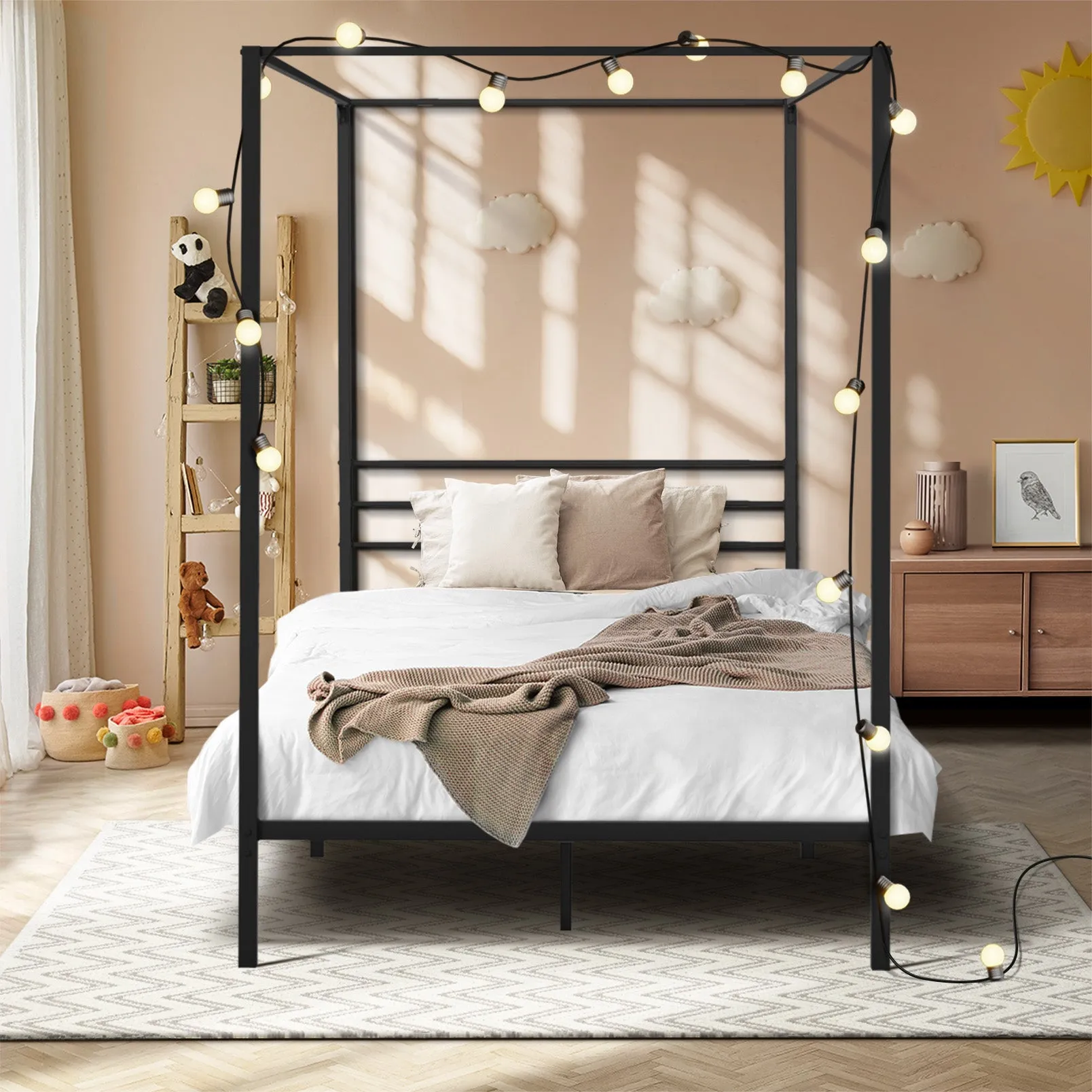 Oikiture Metal Canopy Bed Frame Single Size Beds Platform