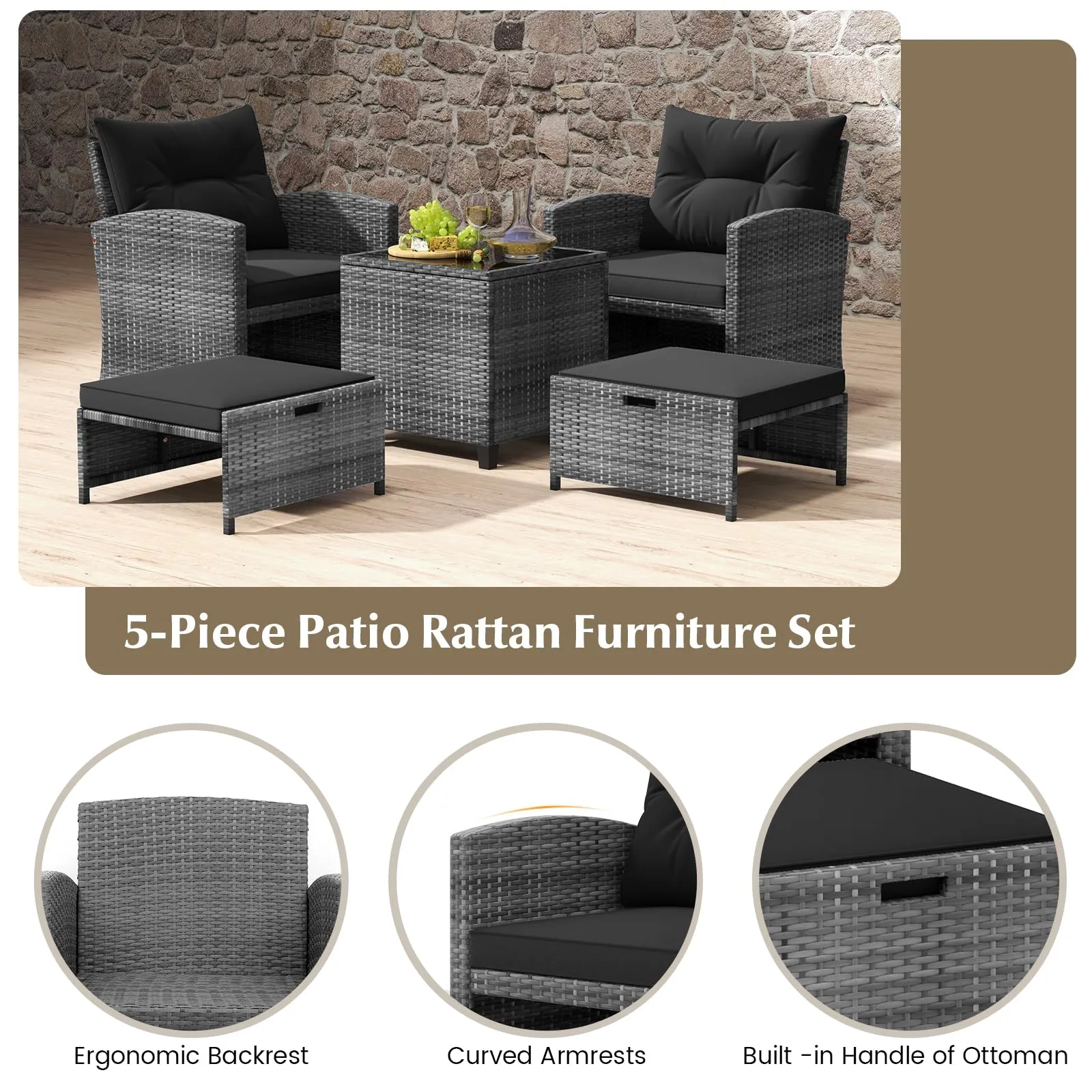 Tangkula 5 Piece Patio Rattan Furniture, Wicker Cushioned Chairs Set w/ 2 Ottomans & Tempered Glass Coffee Table