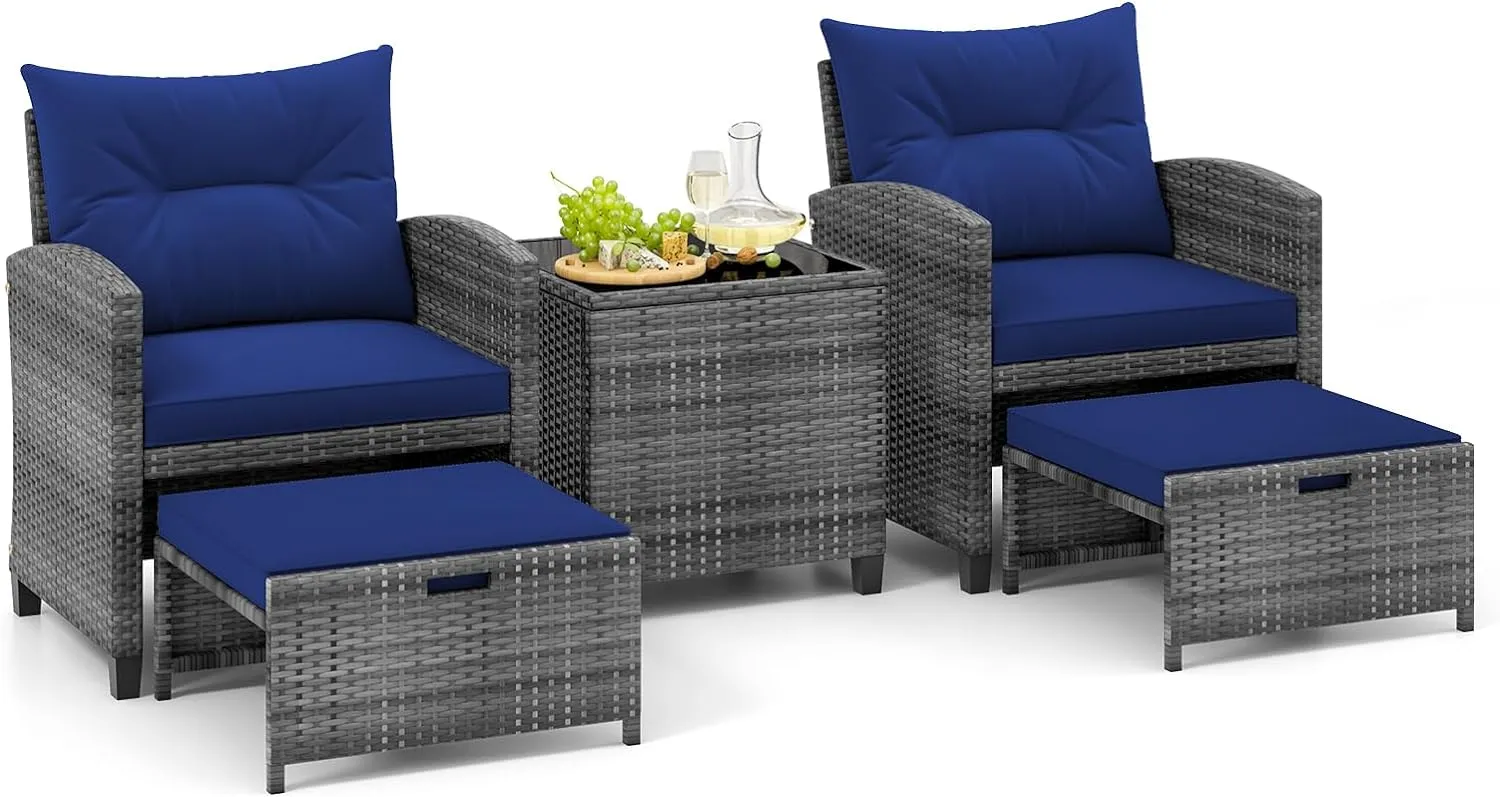Tangkula 5 Piece Patio Rattan Furniture, Wicker Cushioned Chairs Set w/ 2 Ottomans & Tempered Glass Coffee Table