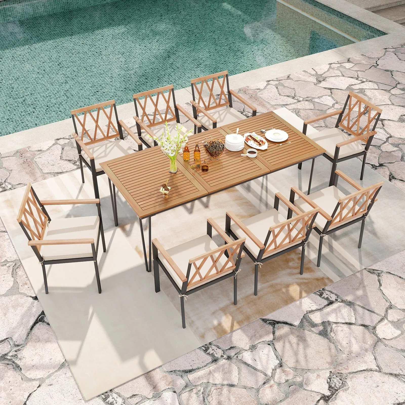 Tangkula 9 Piece Patio Dining Set, Outdoor Rectangular Dining Table w/Acacia Wood Top & Umbrella Hole