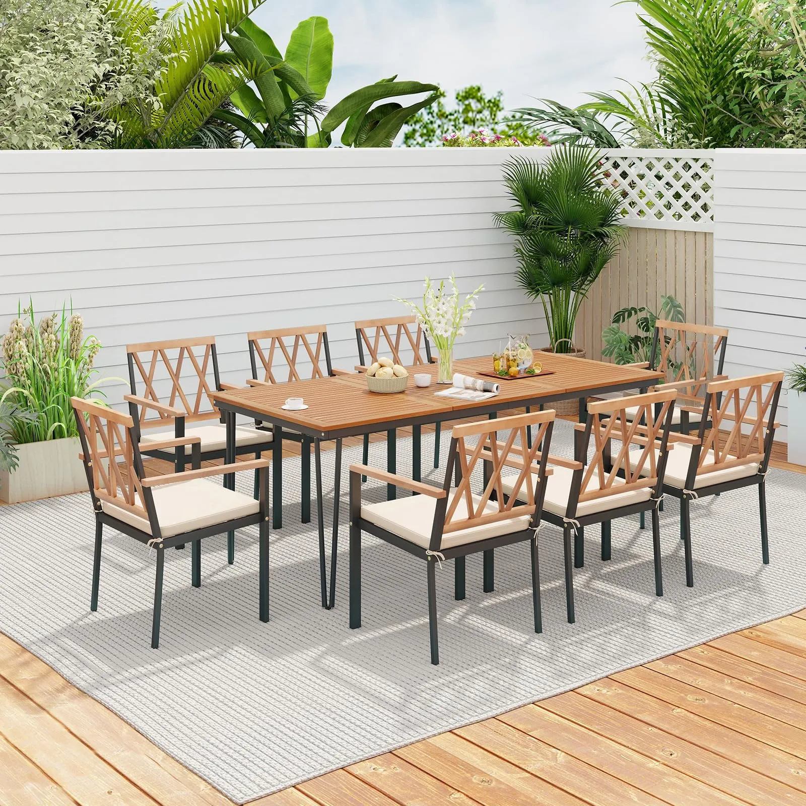 Tangkula 9 Piece Patio Dining Set, Outdoor Rectangular Dining Table w/Acacia Wood Top & Umbrella Hole