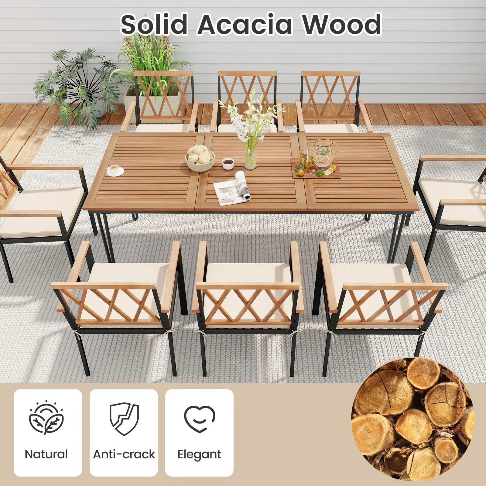 Tangkula 9 Piece Patio Dining Set, Outdoor Rectangular Dining Table w/Acacia Wood Top & Umbrella Hole