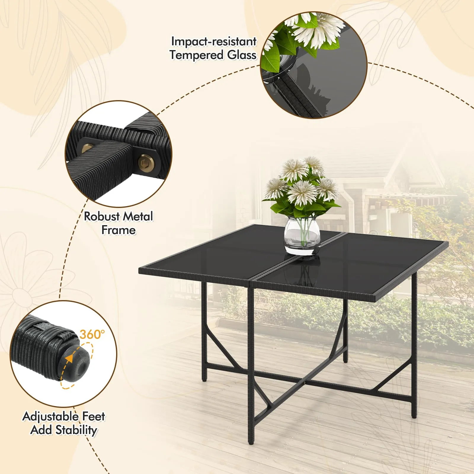 Tangkula 9 Pieces Outdoor Dining Furniture Set, Space-Saving Wicker Rattan Chairs & Tempered Glass Table with Ottomans