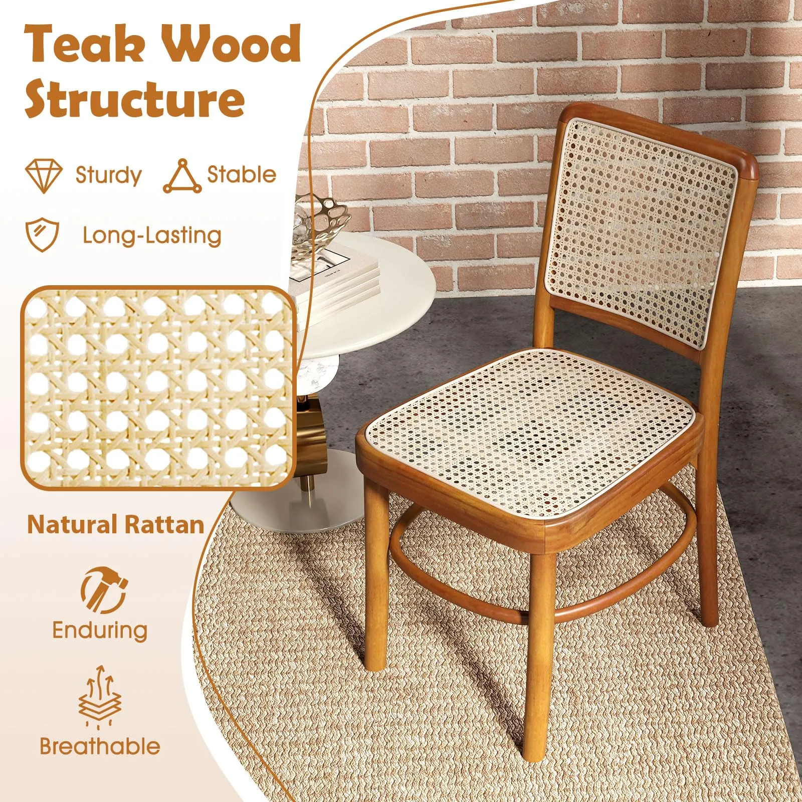 Tangkula Boho Dining Chairs, Natural Rattan Living Room Chairs with Teak Wood Structure & Footrests
