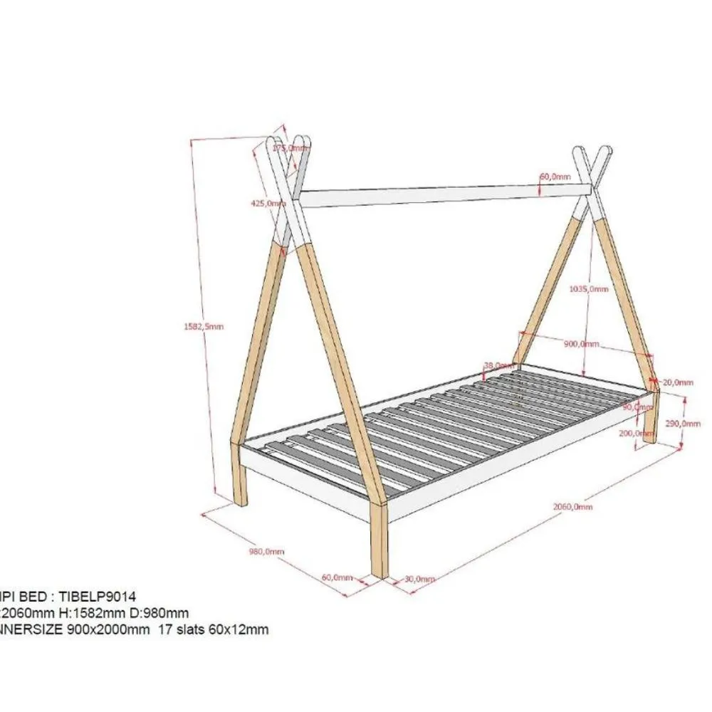 Tipi Natural Single Bed 90x200 with Trundle and Canopy