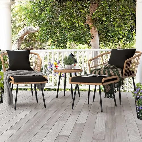 YITAHOME 5-Piece Outdoor Wicker Furniture Set, All-Weather Patio Bistro Set with Footrest, Small Patio Conversation Set for Balcony Outside, Outdoor Chairs with Ottomans and Coffee Table - Black